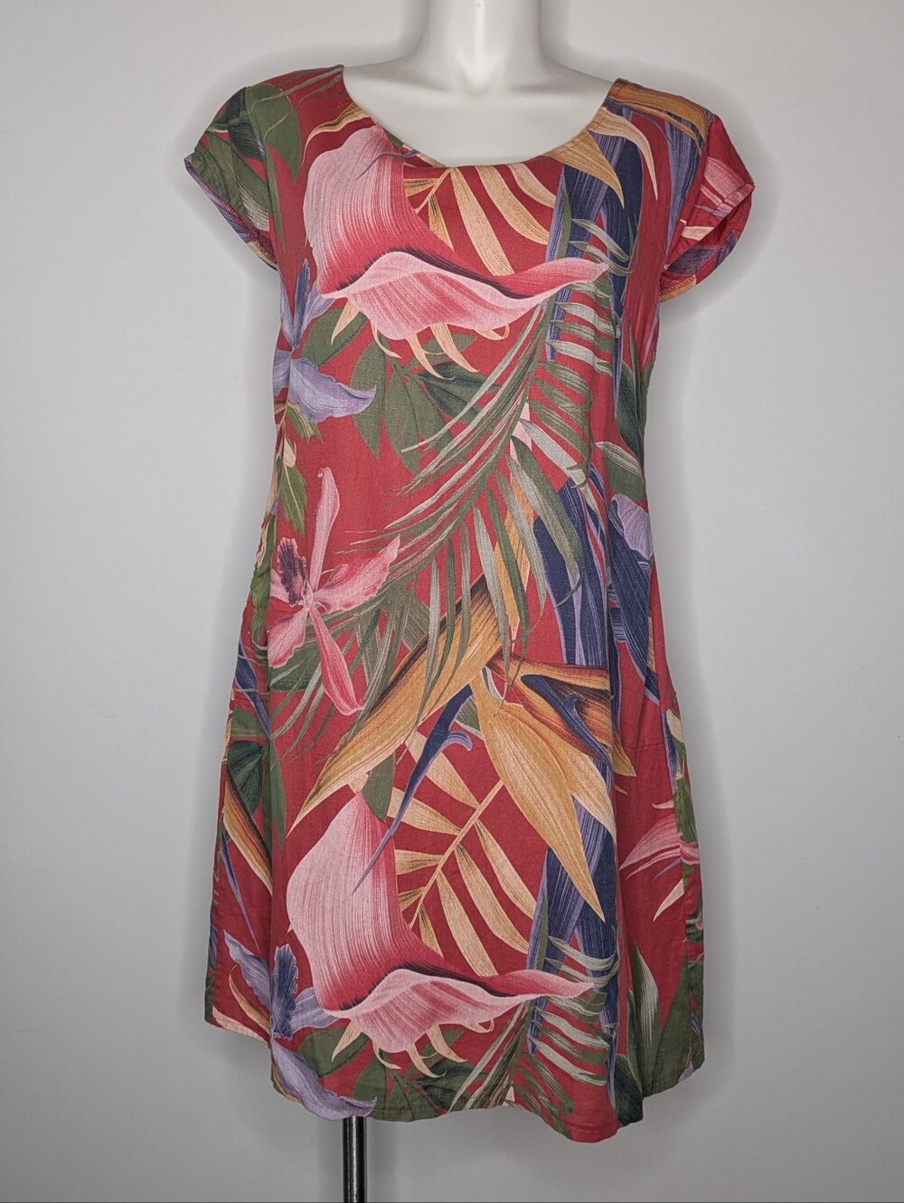 Kaktus Red Green Tropical Floral Linen & Cotton Short Sleeve Dress 2X